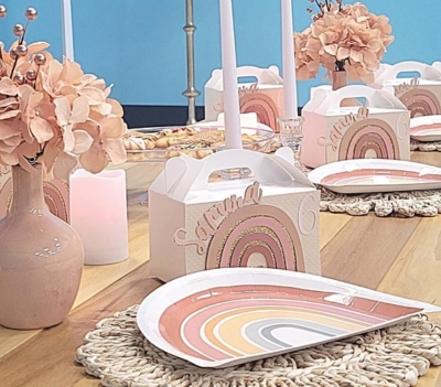 Low picnic table party kids boho party with custom goodie boxes