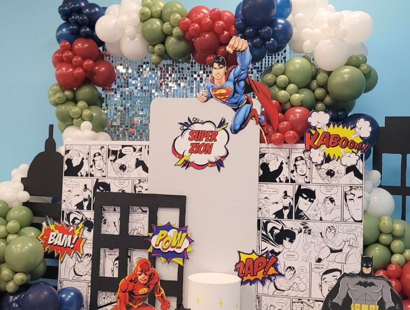 This Balloon Garland Add-on for the customer Hero Party Theme provided the perfect backdrop for the party room 