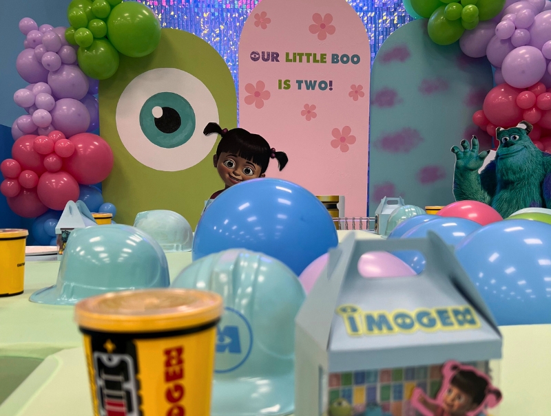 Monsters Inc. kids party theme with balloon tactic party table was a hit at the Kastle